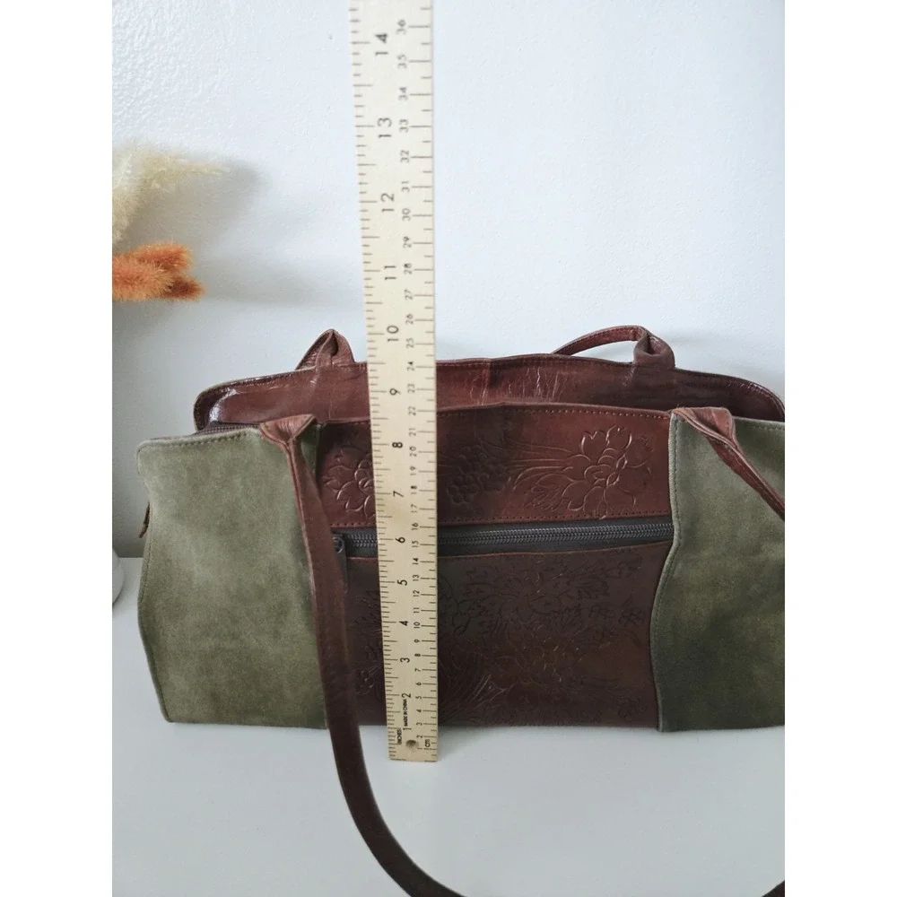 Leaders in Leather Purse Tooled Brown Leather‎ Green Suede Bag Floral Pattern